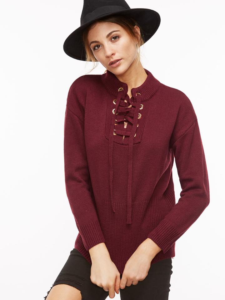 Shein Burgundy Drop Shoulder Eyelet Lace Up Sweater