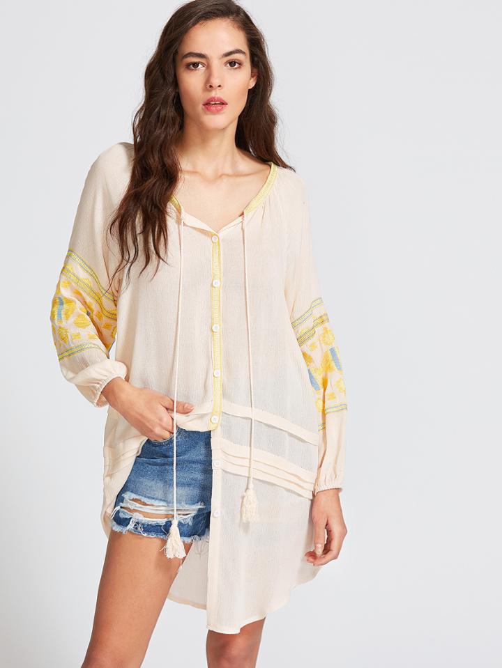 Shein Tassel Tie Curved Hem Blouse