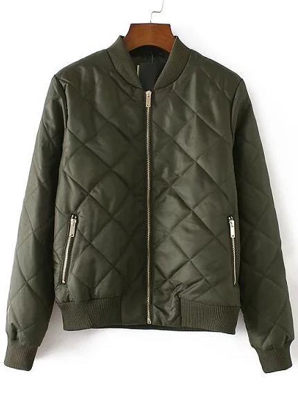 Shein Army Green Diamond Quilted Zipper Up Flight Jacket