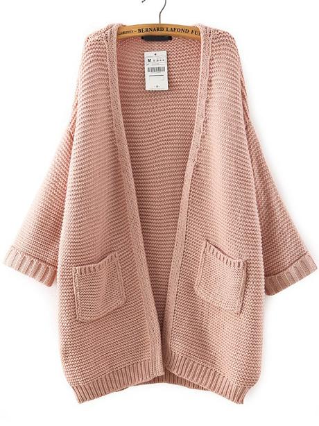 Shein Pink Batwing Sleeve Pockets Knit Cardigan