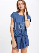 Shein Blue Knotted Front Short Sleeve Shift Dress