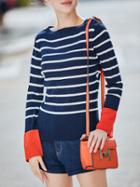 Shein Navy White Striped Contrast Orange Sweater