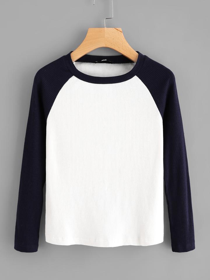Shein Contrast Raglan Sleeve Ribbed Tee