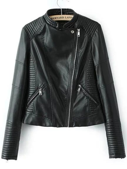 Shein Black Stand Collar Oblique Zipper Crop Jacket