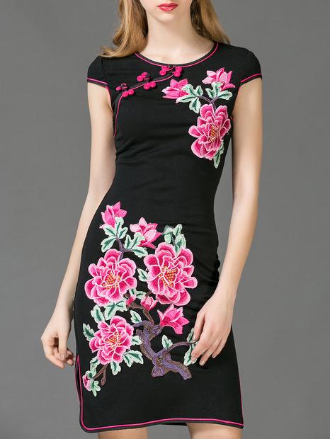 Shein Black Embroidered Split Sheath Dress