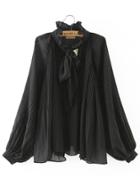 Shein Black Knotted Collar Ruched Loose Blouse