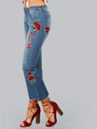 Shein Blue Bleached Wash Jeans With Embroidered Patch Detail