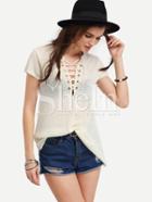Shein Beige Short Sleeve Lace Up Knit T-shirt