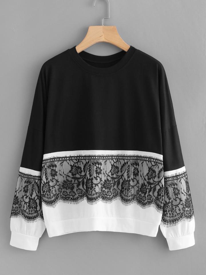 Shein Contrast Eyelash Lace Two Tone Pullover