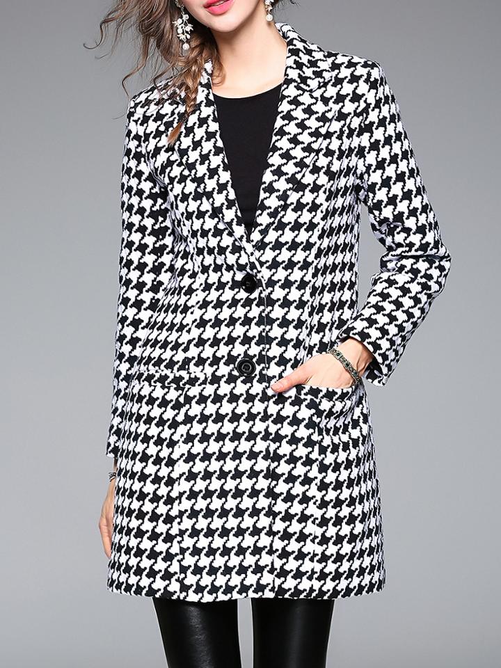 Shein Black Lapel Houndstooth Pockets Coat