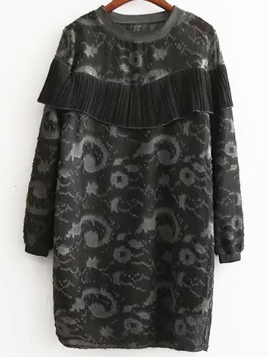 Shein Grey Crew Neck Ruffle Lace Loose Dress