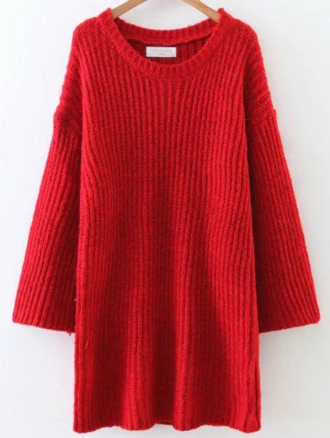 Shein Red Round Neck Drop Shoulder Sweater Dress