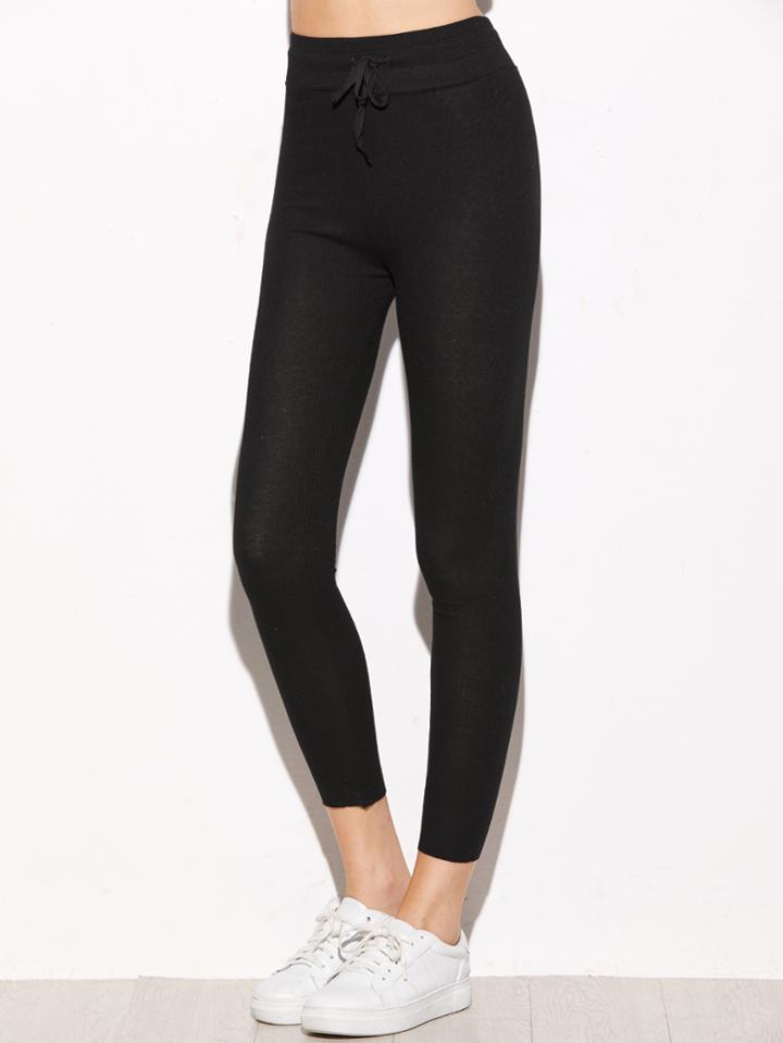 Shein Black Drawstring Waist Ribbed Leggings