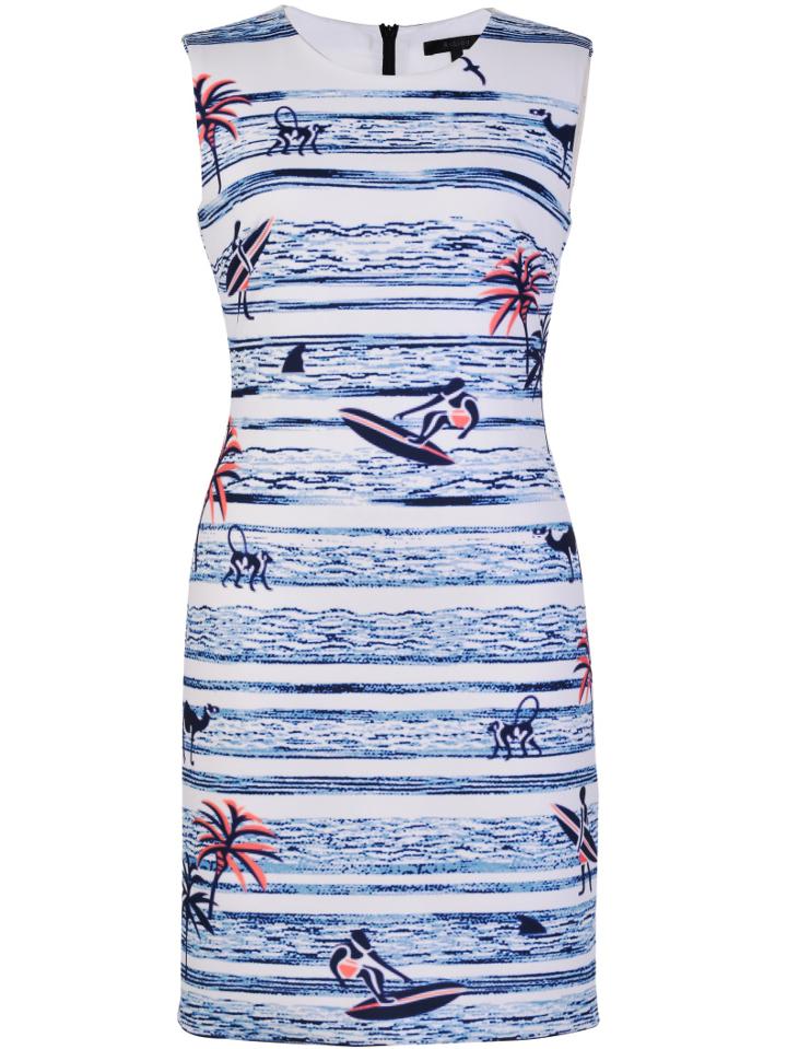 Shein White Crew Neck Surf Print Sheath Dress