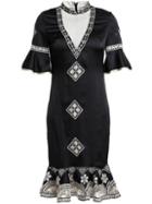 Shein Bell Sleeve Vintage Embroidered Ruffle Dress