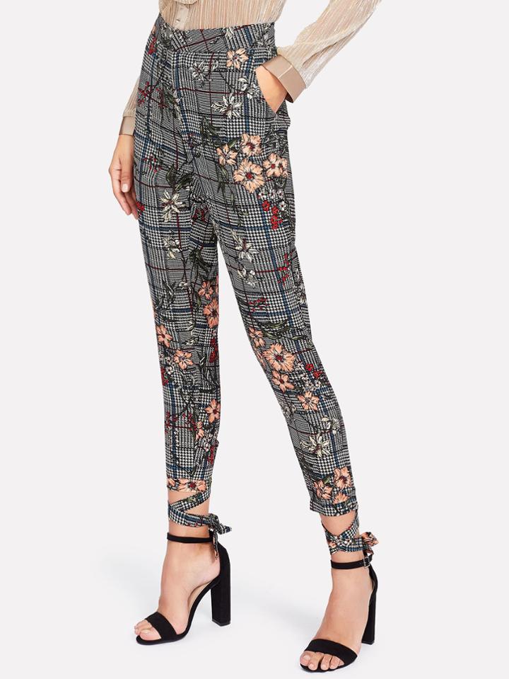 Shein Flower And Plaid Print Pants