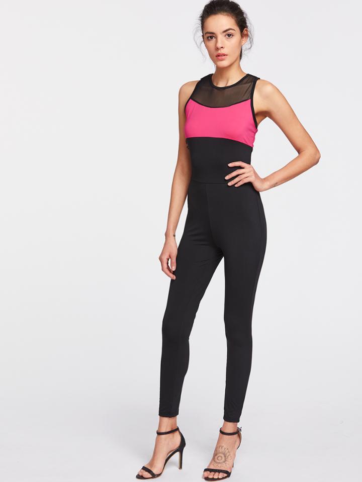 Shein Color Block Contrast Mesh Crisscross Back Jumpsuit