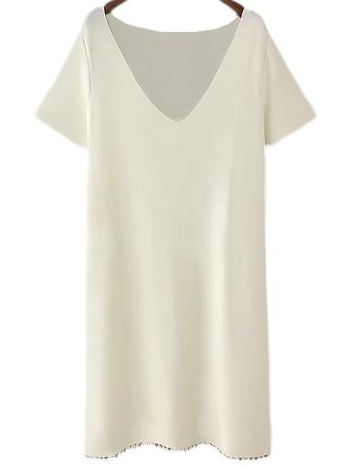 Shein Beige V Neck Pompon Hem Short Sleeve Dress