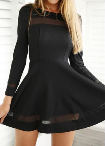 Rosewe Back Zip Closure Long Sleeve Black Skater Dress