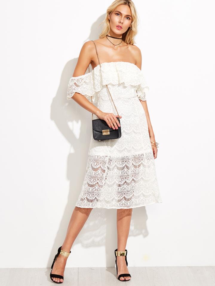 Shein White Off The Shoulder Ruffle Lace Dress