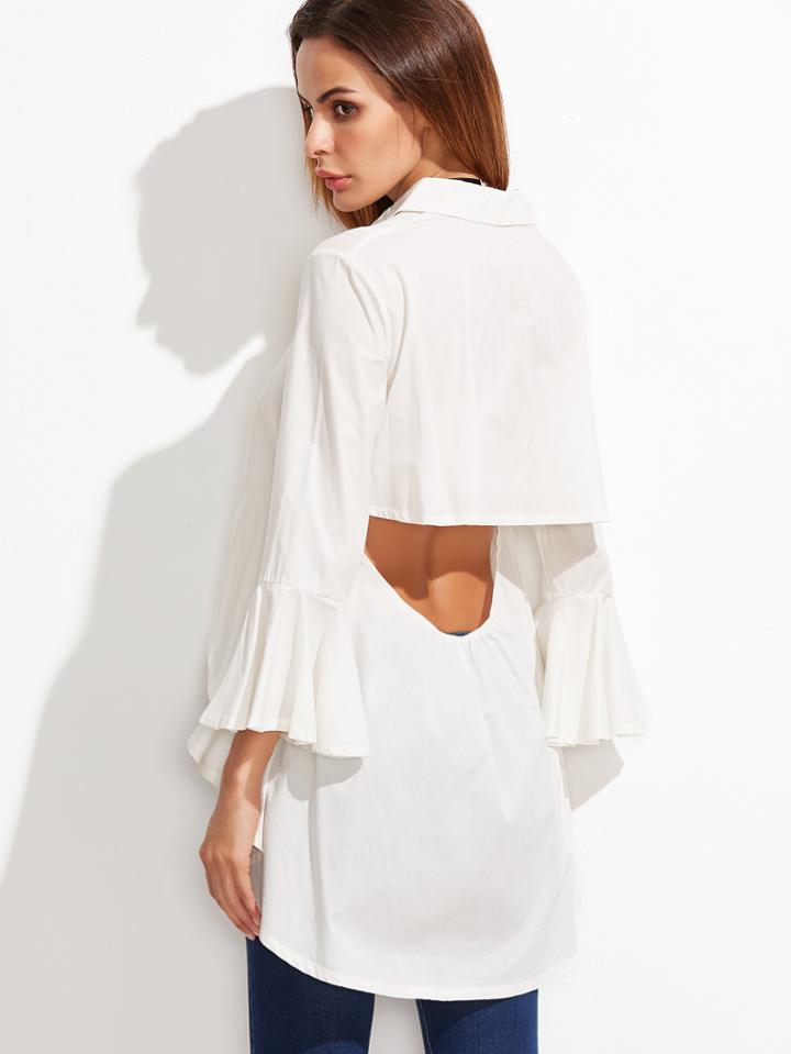 Shein White Bell Sleeve Cut Out Back High Low Shirt