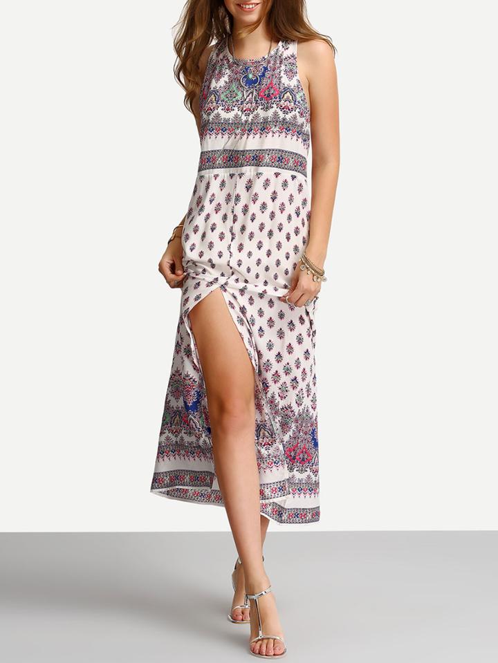 Shein Open Back Print Split Beach Dress