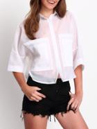 Shein White Short Sleeve Pockets Sheer Blouse