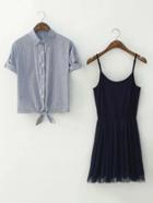 Shein Roll-up Sleeve Knot Front Blouse With Mesh Cami Dress