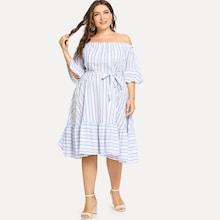 Shein Plus Ruffle Trim Belted Striped Bardot Dress