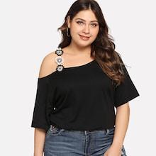 Shein Plus Asymmetrical Neck Floral Applique Tee