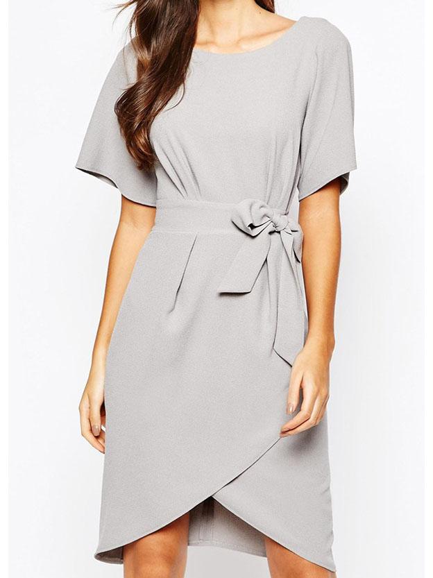 Shein Grey Round Neck Knotted Waist Dress