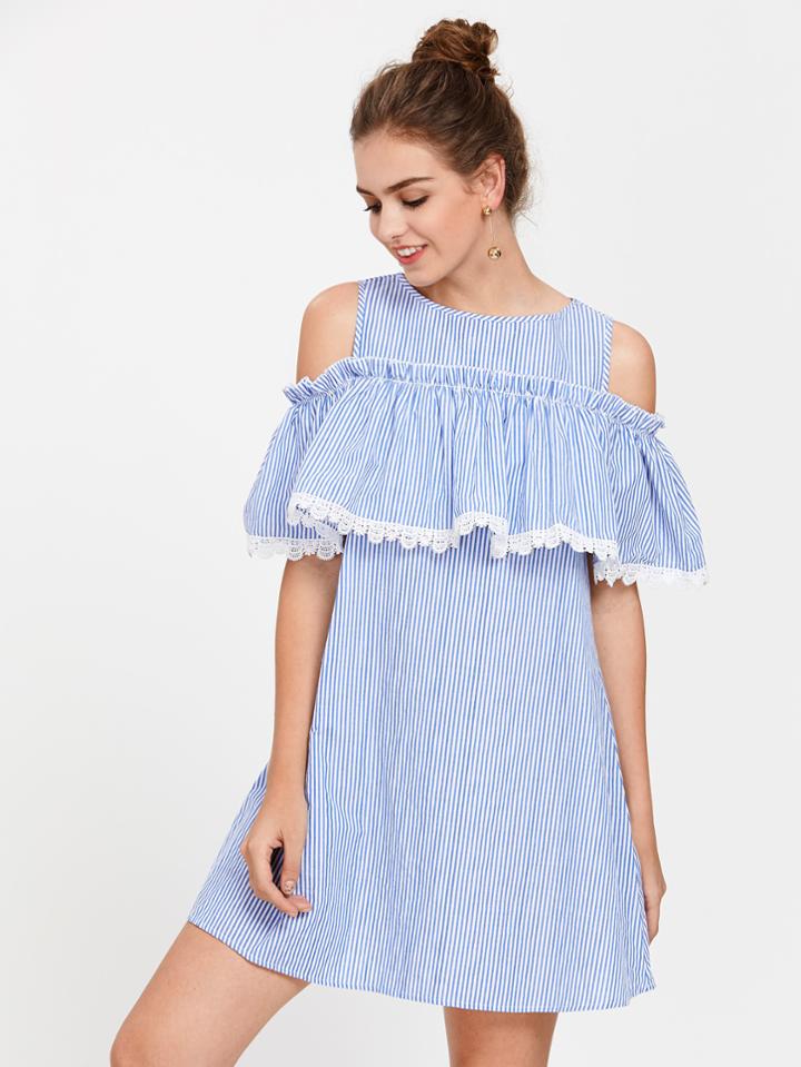Shein Open Shoulder Lace Trim Flounce Dress