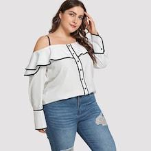 Shein Plus Contrast Binding Buttoned Ruffle Blouse