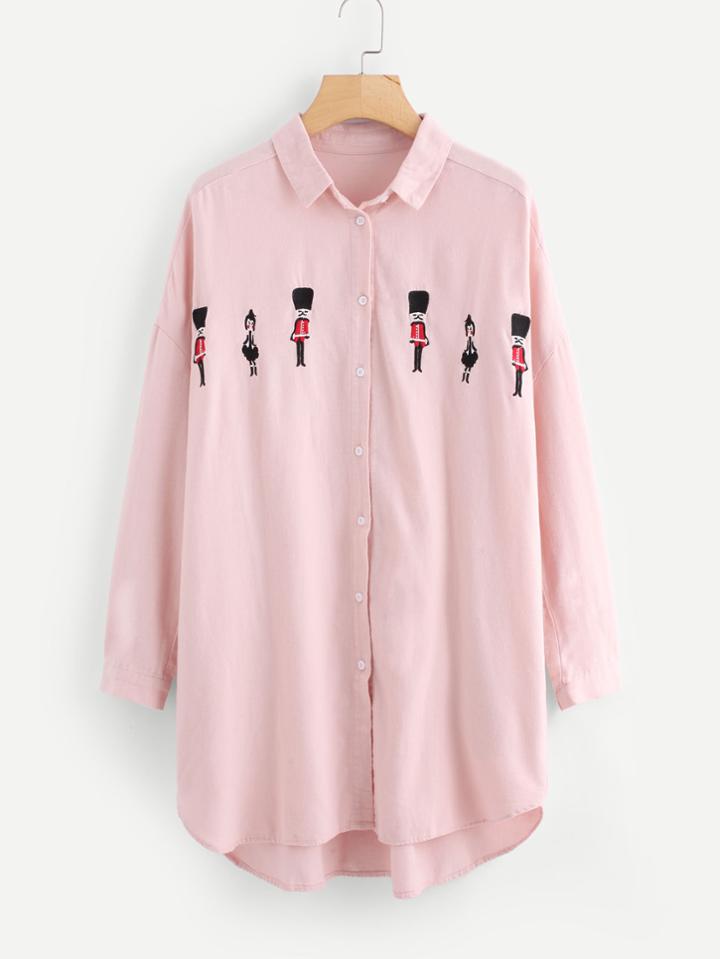Shein Soldier Embroidered Curved Hem Shirt Dress