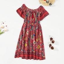 Shein Girls Off Shoulder Tassel Flower Print Dress