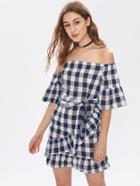 Shein Bardot Tie Waist Checkered Ruffle Trim Dress