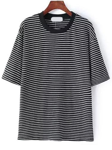 Shein Black Crew Neck Striped Loose T-shirt