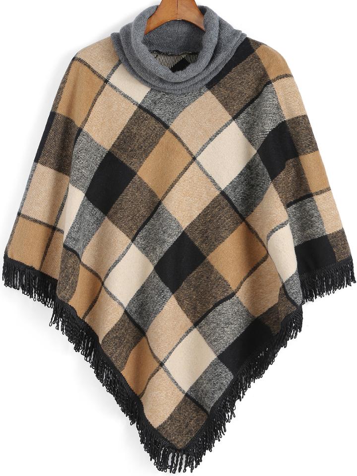 Shein Khaki High Neck Plaid Tassel Cape