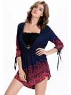Shein Multicolor Vintage Print Double V Neck Romper