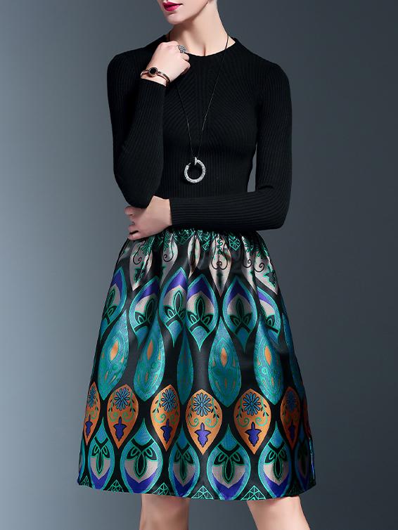 Shein Black Knit Print A-line Combo Dress