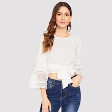 Shein Mesh Insert Cuff Knot Hem Top