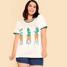 Shein Plus Cactus & Girl Print Ringer Tee