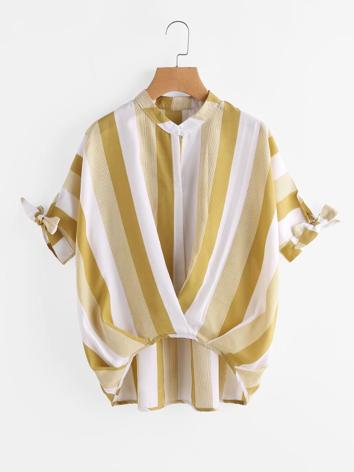 Shein Contrast Striped Tie Cuff Dip Hem Blouse