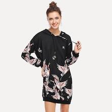 Shein Allover Crane Print Hoodie Dress