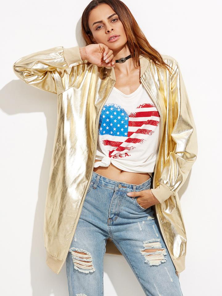 Shein Gold Ribbed Trim Zip Up Longline Bomber Jacket