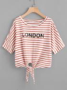 Shein Letter Print Knotted Hem Striped Tee
