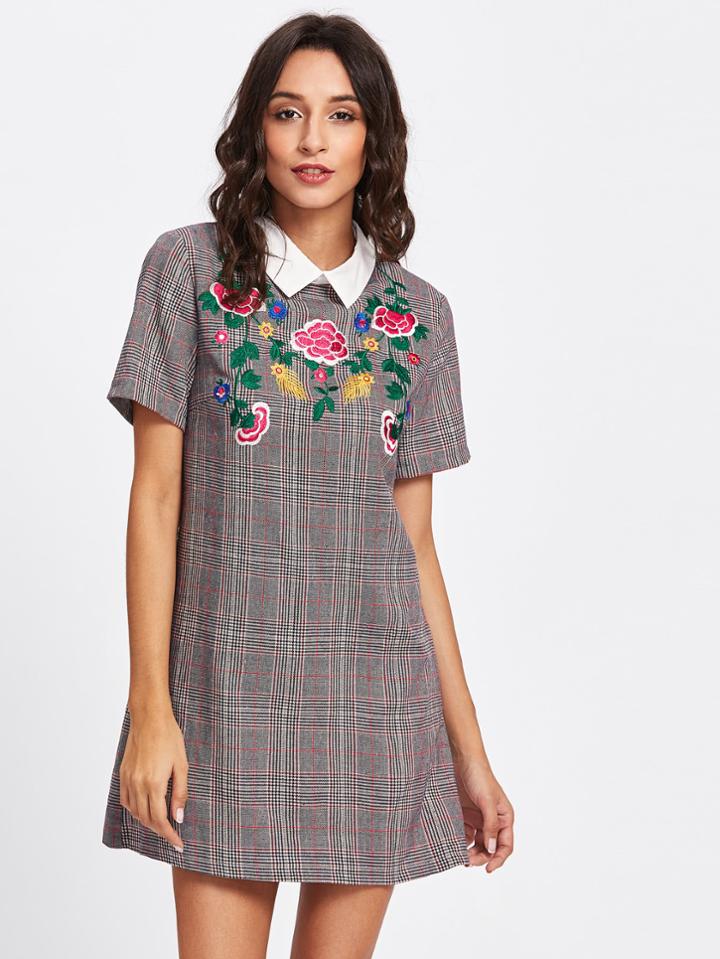 Shein Botanical Embroidered Plaid Dress