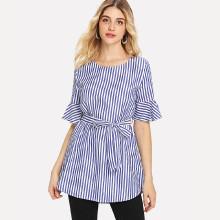 Shein Self Tie Flounce Sleeve Stripe Blouse