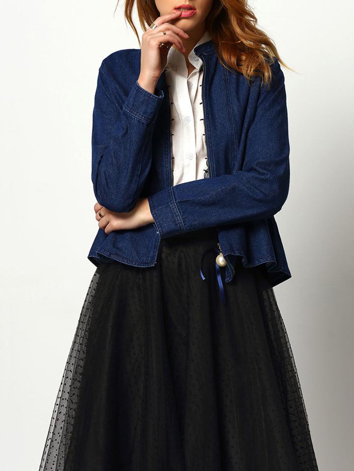 Shein Blue Long Sleeve Ruffle Denim Crop Jacket