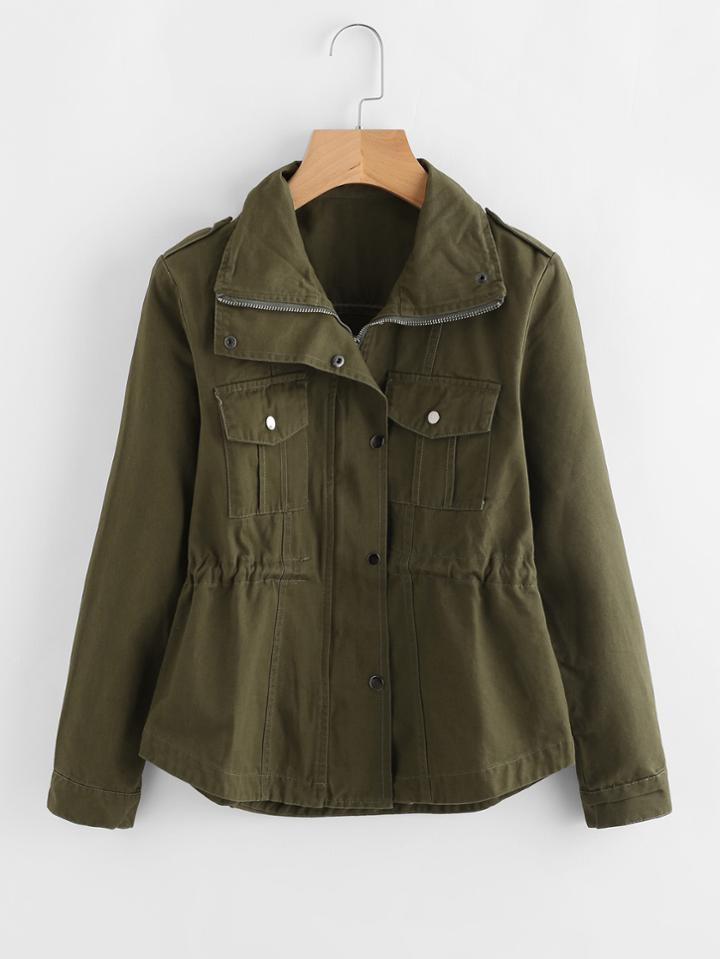 Shein Drawstring Waist Epaulet Military Jacket